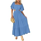 LEANI Women's 2025 Summer Cutout Maxi Dress Square Neck Short Sleeve Crossover Waist Casual Party Dresses
