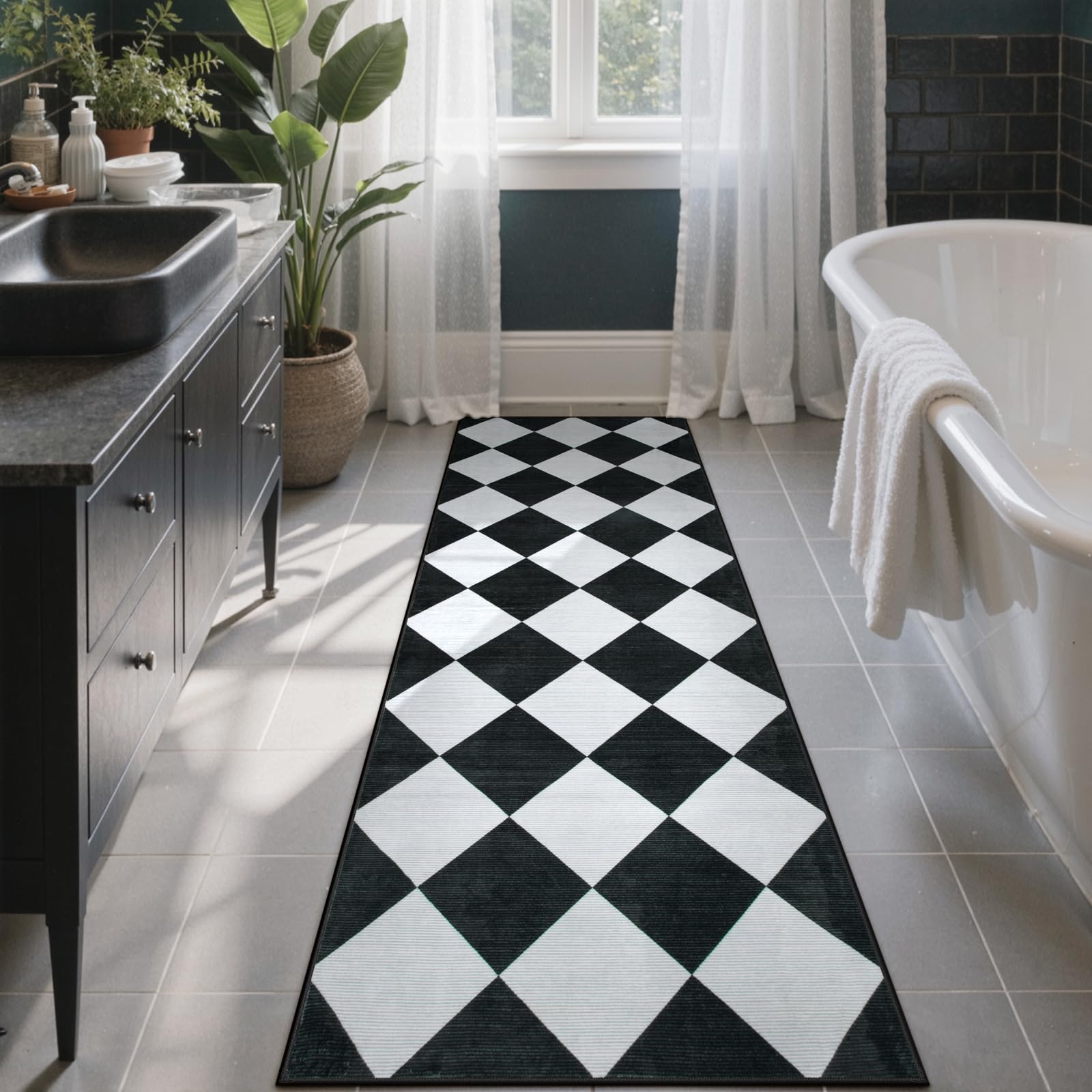 Photo 1 of Beeiva Checkered Print Black Bathroom Runner Rug 2x6, Washable Ultra Thin Non Slip Laundry Room Rug Moroccan Stain Resistant Kitchen Runner, Modern Trellis Carpet for Hallway Bedroom Entryway Decor