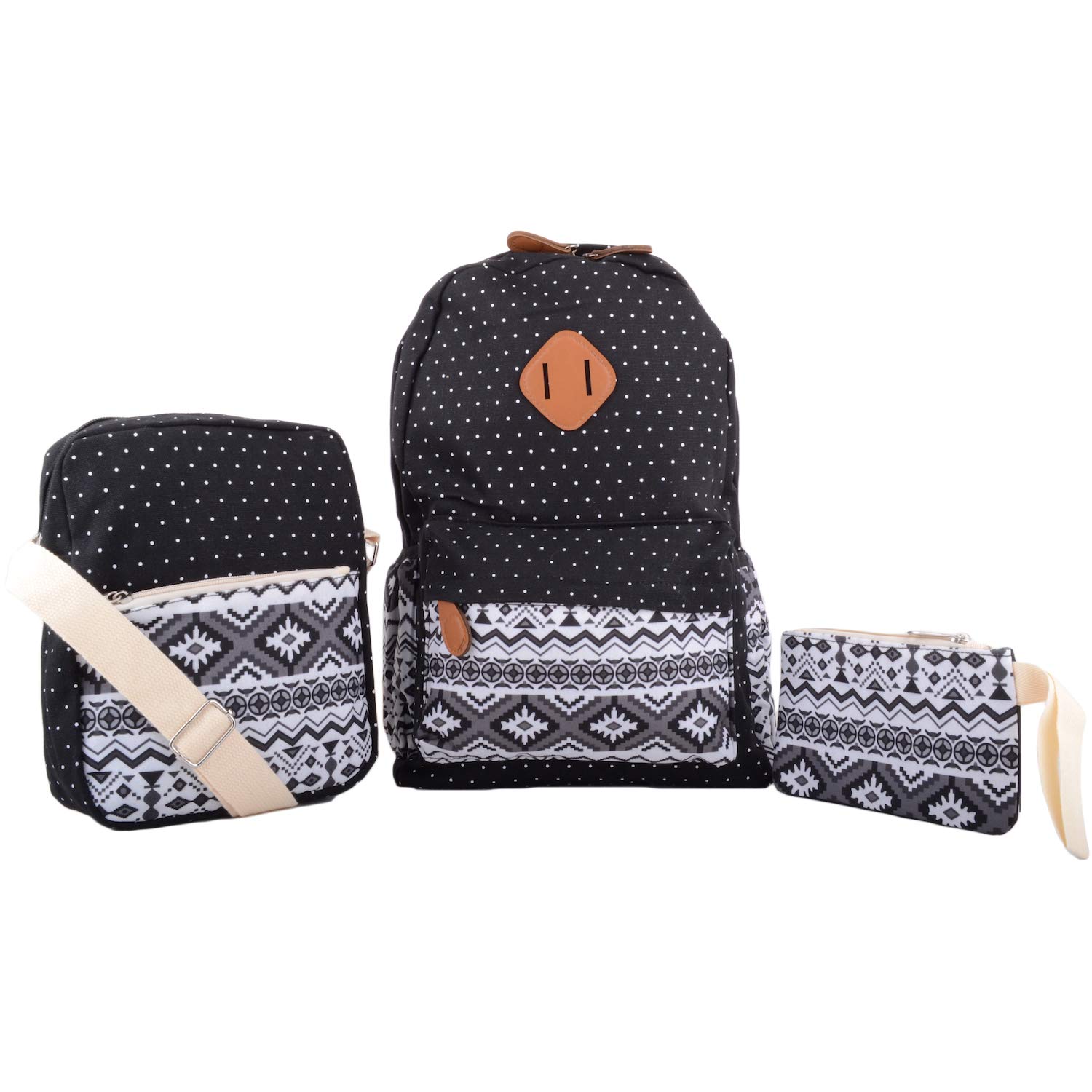 Womens Canvas Patterned Multi Pack Backack Rucksack 3 Piece Travel Set - Black