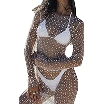 Willow Dance Women's Sheer Mesh Pearl Rhinestone Cover Up Beach Dress Swimwear Bikini Swimsuit Bathing Suit Coverups, White, Large