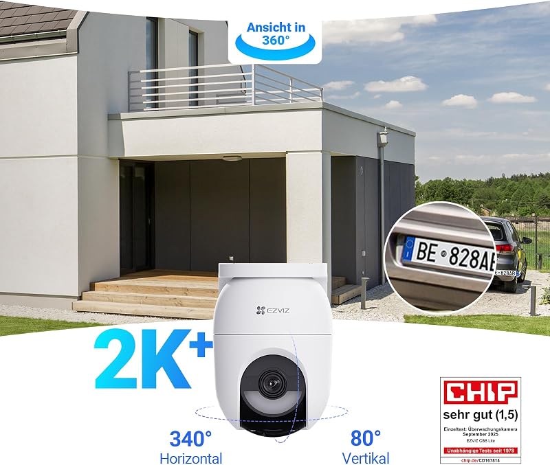 4MP PTZ Überwachungskamera Aussen Akku, Kabellose WLAN-Außenkamera, 360° Überwachung, Farbnachtsicht, KI Personen- und Fahrzeugerkennung, 2-Wege-Audio, CB8 Lite 2er Pack + 5W Solarpanel