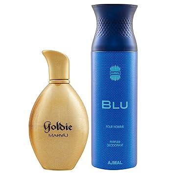 Maryaj Goldie Eau De Parfum Fruity Floral Perfume 100ml for Women and Ajmal Blu Homme Deodorant Aquatic Woody Fragrance 200ml for Men + 2 Parfum Testers FREE