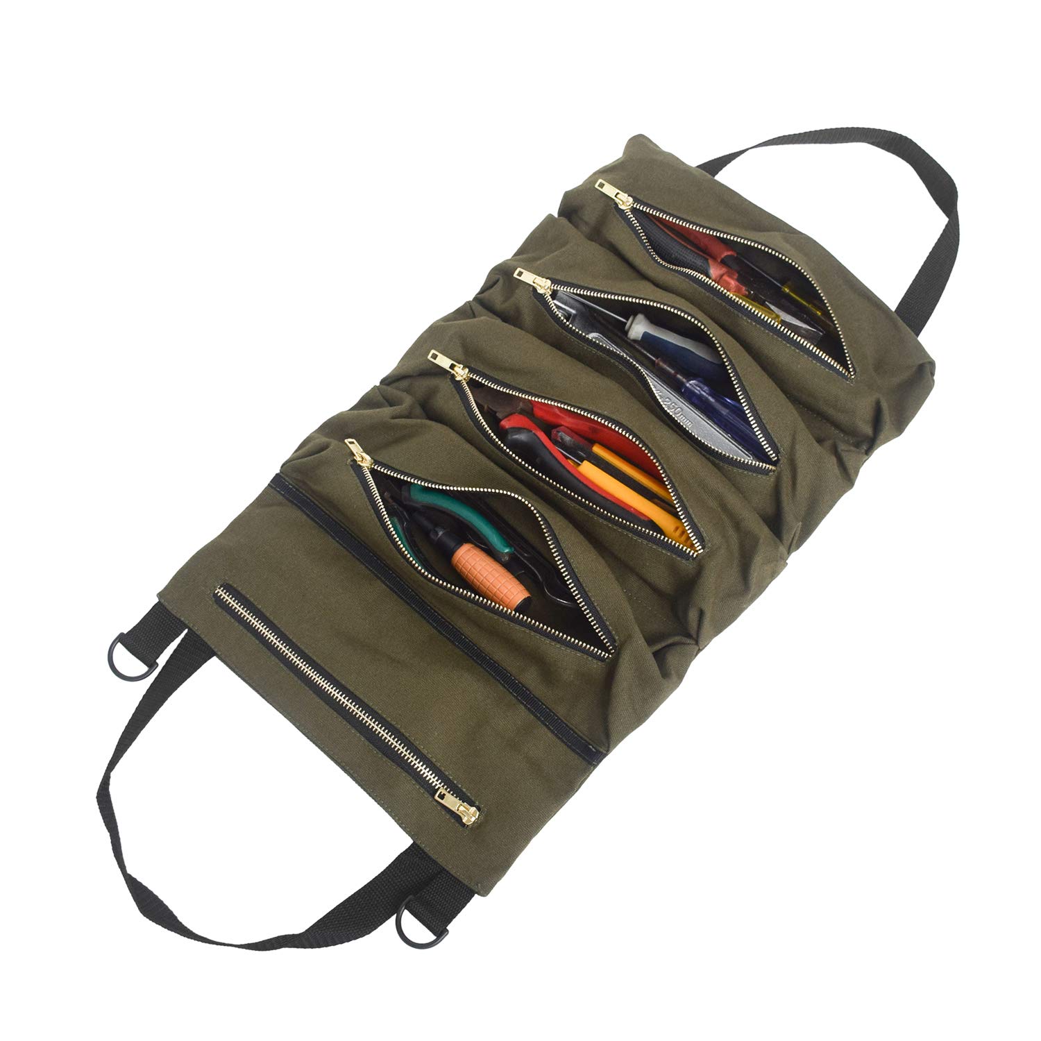 MDSTOP Green Multi-Purpose Tool Roll Up Bag, Waxed Canvas Tool Organizer Bucket, 5-Compartment Portable Tool Box