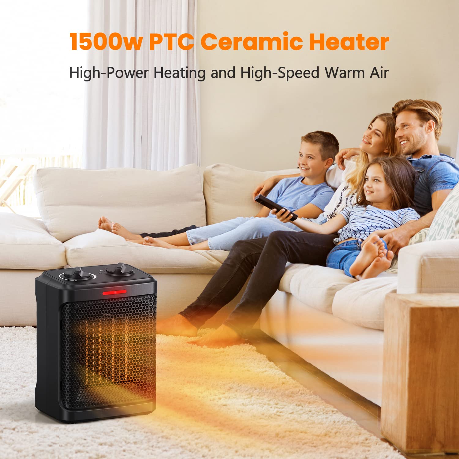 andily Space Heater Electric Heater for Home and Office Ceramic Small Heater with Thermostat, 750W/1500W (Matte black)