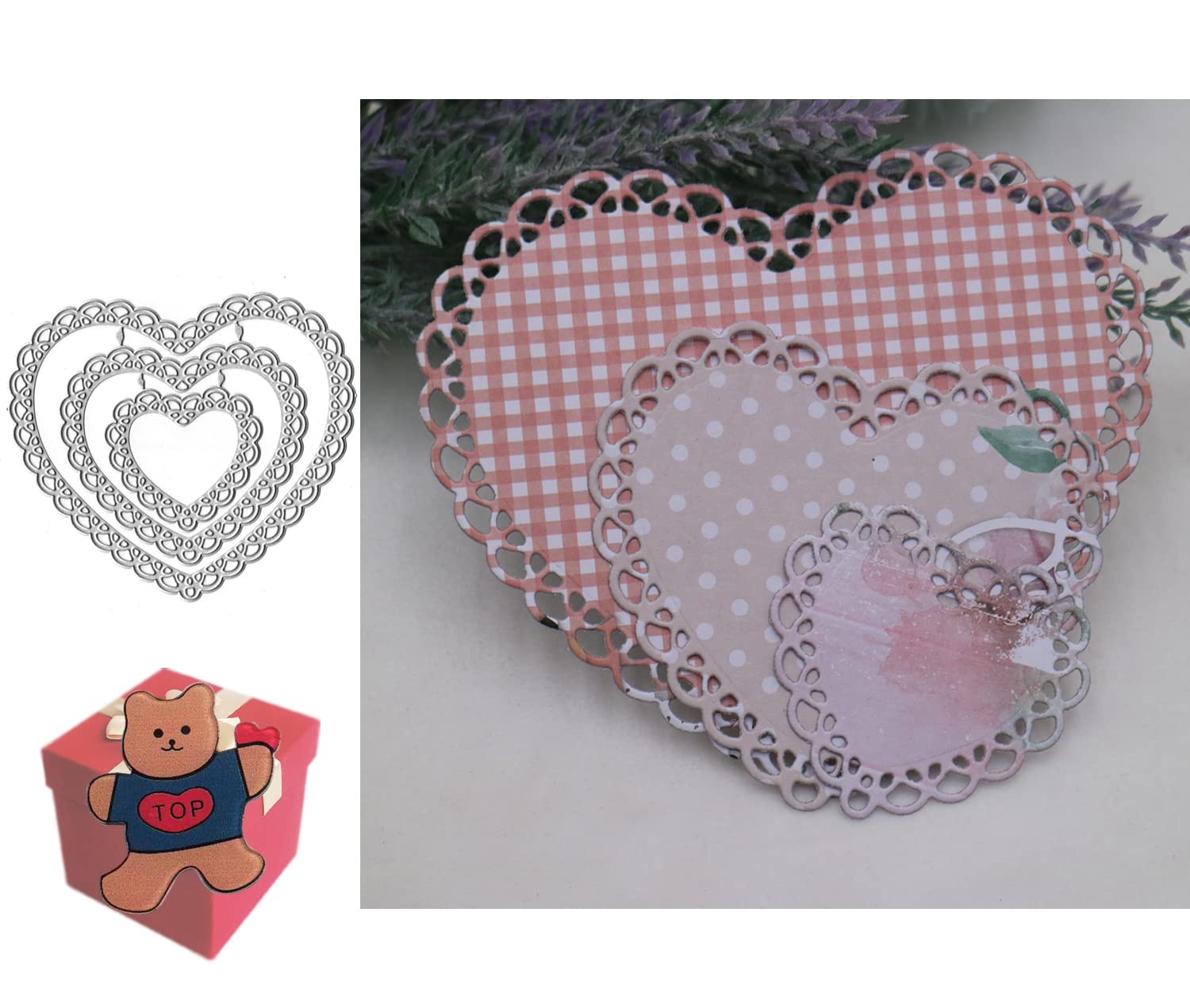 Cutting Dies for Card Making，Cutting Dies Cut Stencils for DIY Scrapbooking Photo Album Decorative Embossing Paper Dies for Card Making Templated+Cute Brooch Pin (4pcs/Set Lace Heart Shape)