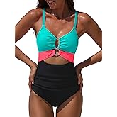 popvil One Piece Swimsuit for Women 2025 Sexy Neon Swim Suits Cut Out Tummy Control Bathing Suit Braid Color Block Swimwear