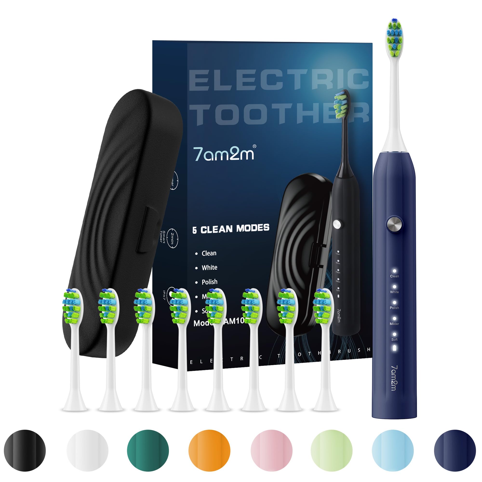 7AM2M Sonic Electric Toothbrush for Adults and Kids, with 8 Brush Heads and Travel Case,5 Modes with 2 Minutes Build in Smart Timer, One Charge Use for 90 Days, Rechargeable Toothbrushes (Navy Blue)