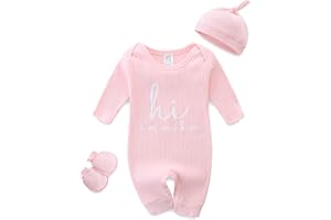 BIBIMOM Baby Romper with Baby Mittens & Newborn Hats Footless Long Sleeve Solid Onesie Hi Im New Here