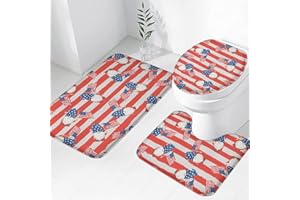 Easternproject Independence Day Gnomes Bath Rug Sets 3 Piece Blue Red Stars and Stripes USA Flag 4th of July Bath Mat Soft Non Slip Water Absorbent U-Shaped Contour Toilet Mat, Toilet Lid Cover
