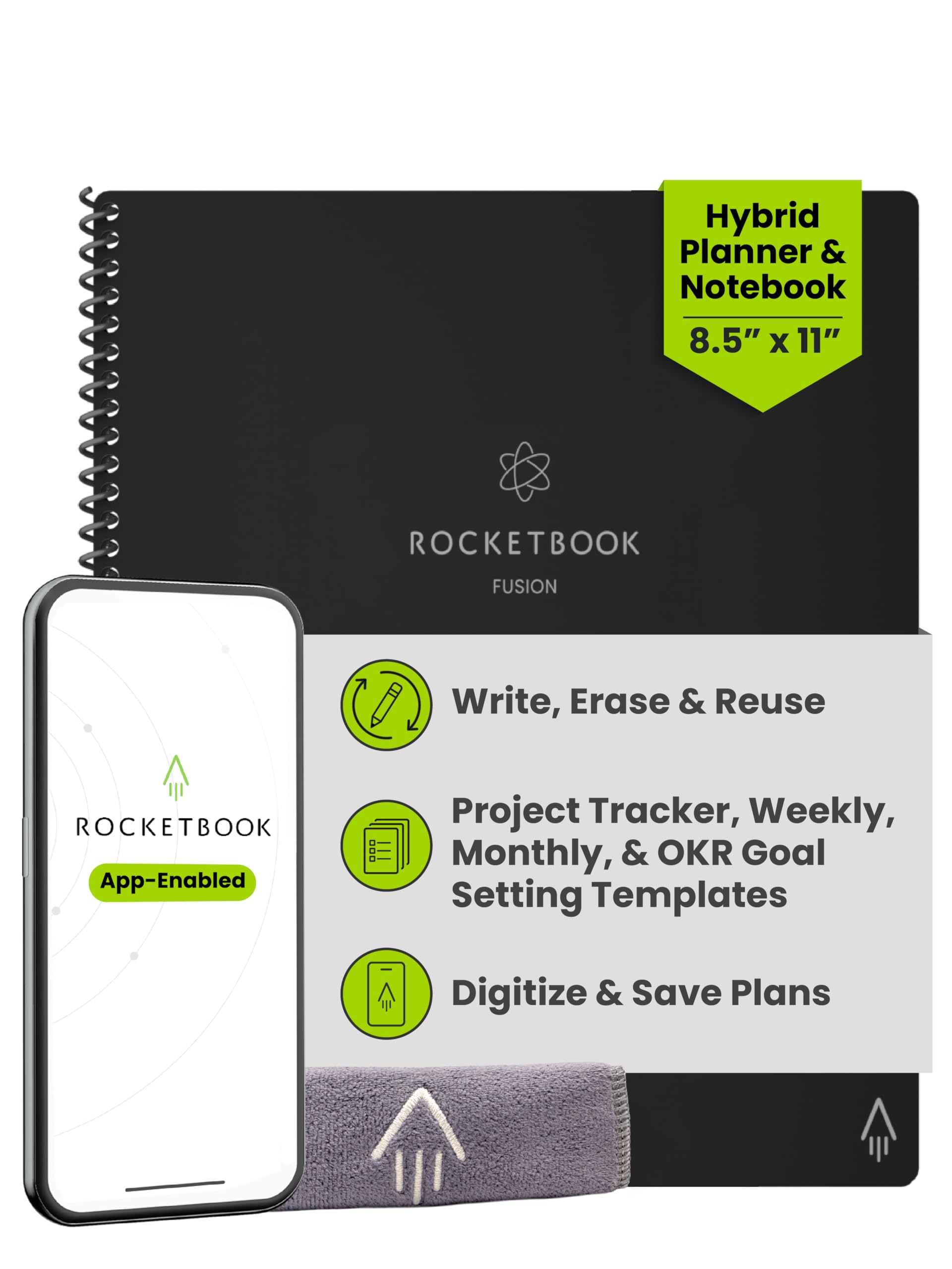Rocketbook Fusion - Planificador y cuaderno híbrido reutilizable en uno, páginas en blanco adicionales, seguimiento de objetivos y proyectos, planificador sin fecha, tamaño carta 8,5 x 11, negro (paquete de 1)
