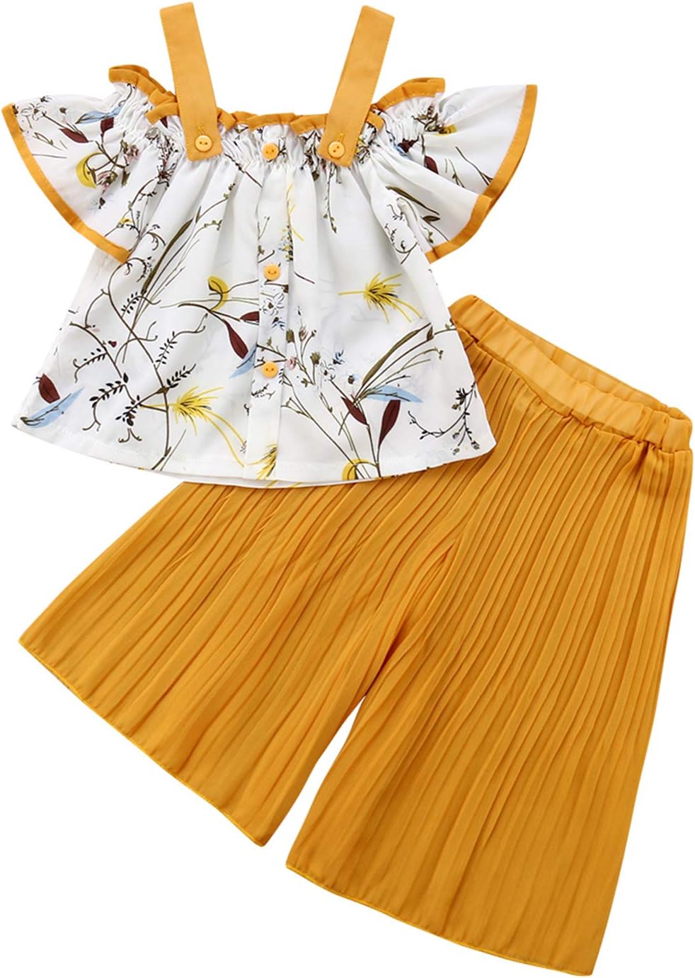 1-6T Baby Girl Pleated Wide Leg Palazzo Pants Outfits Halter Straps Off Shoulder Floral Vest Tops 2pcs Fall Outfit