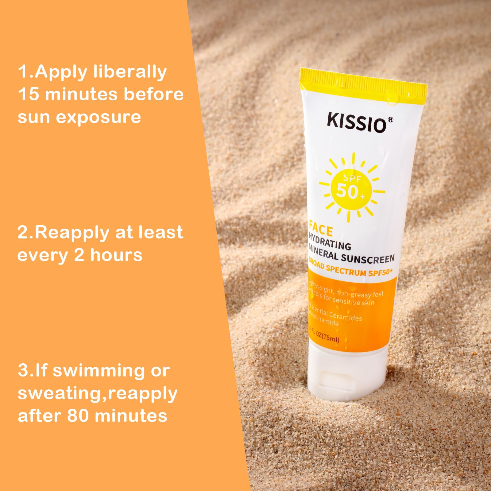 KISSIO Sunscreen For Face,with Zinc Oxide and Titanium Dioxide,Broad Spectrum Sunscreen,SPF 50,Hydrating Mineral Sunscreen,Non-greasy,Suitable For Sensitive Skin,2.5 FL OZ
