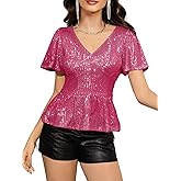 YHHOWEP Women Sparkly Sequin Tops Ruffle Glitter Peplum Shirt V Neck Cocktail Evening Night Elegant Short Sleeve Blouses Rose_Red XL