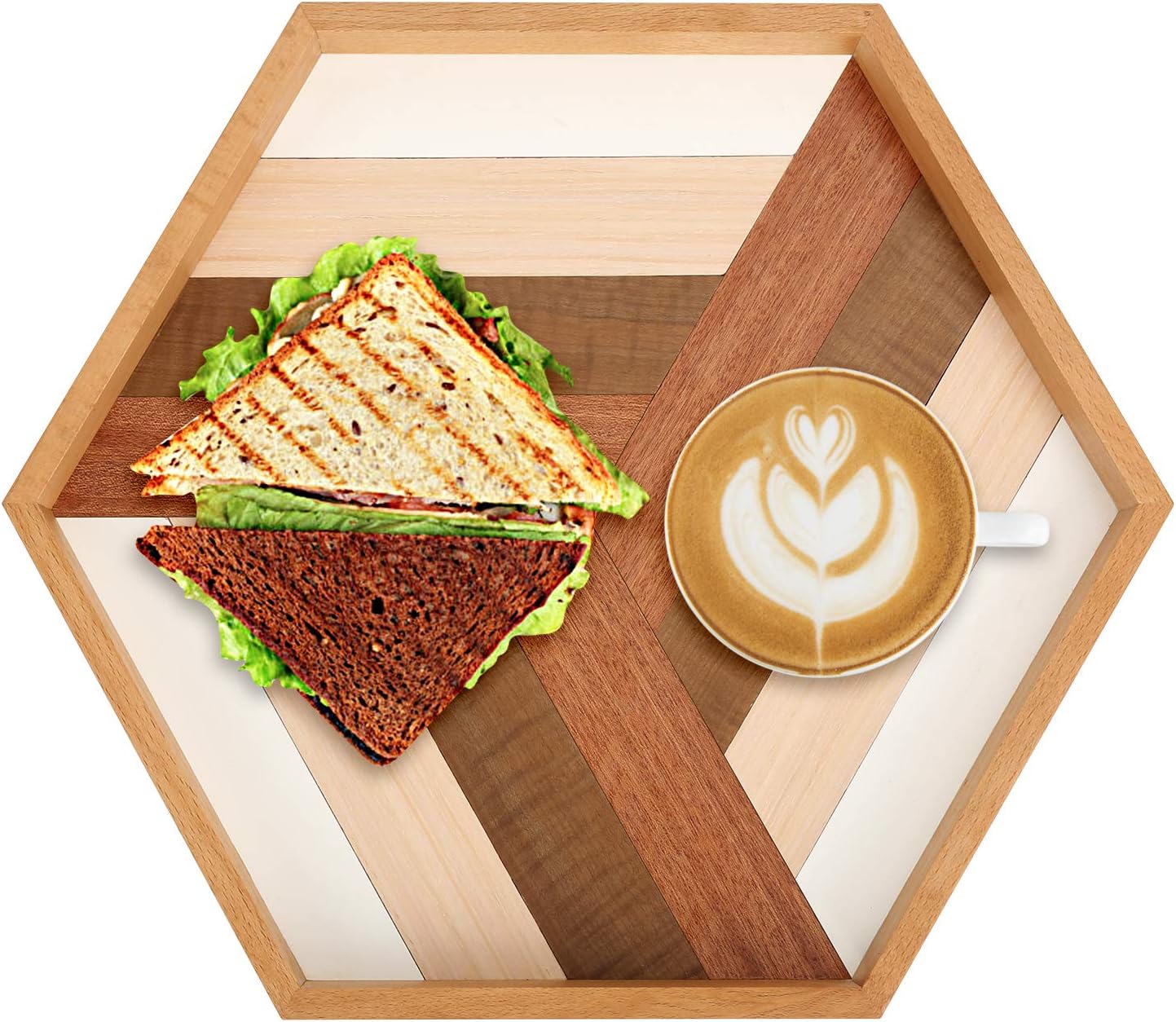 QUEENSDOWN 34cm x 29cm X 3cm Hexagon Serving Tray Wooden Handmade