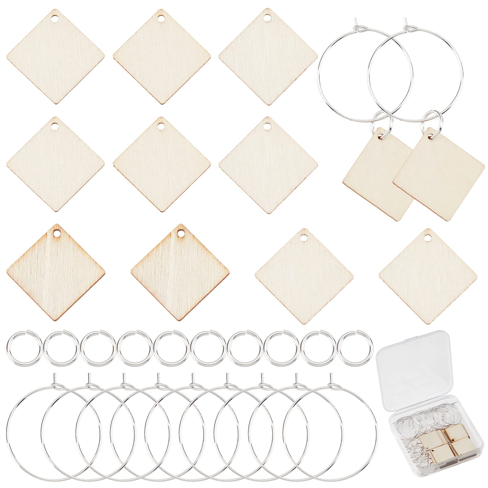 SUNNYCLUE 1 Box Wooden Wine Glass Charms Markers Tags Identification Wood Rhombus Charms Glass Identifiers for Drinks Stem Glasses 20Pcs Wood Pendants 20Pcs Hoops 30Pcs Jump Rings Tasting Party Adult