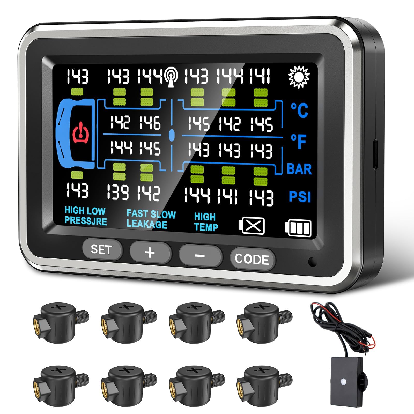Photo 1 of NLNE Tire Pressure Monitoring System 8 Sensors/4.5" RV TPMS with Flow Thru Sensors 0-199PSI/6 Alerts Monitor for Trailer/Truck/Camper/5th Wheel,Signal Booster/No Removal Inflation