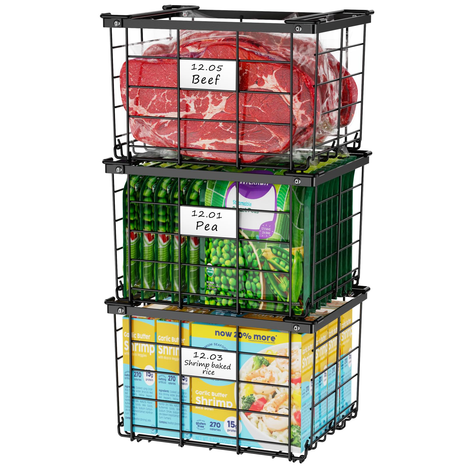 Photo 1 of iSPECLE Freezer Organizer Bins - for 3.5 Cu.Ft Deep Freezer, 3 Pack Stackable Chest Freezer Organizer Bins with Label Plates & Folding Handles, Heavy Duty Metal Storage, Assembly Required, Black