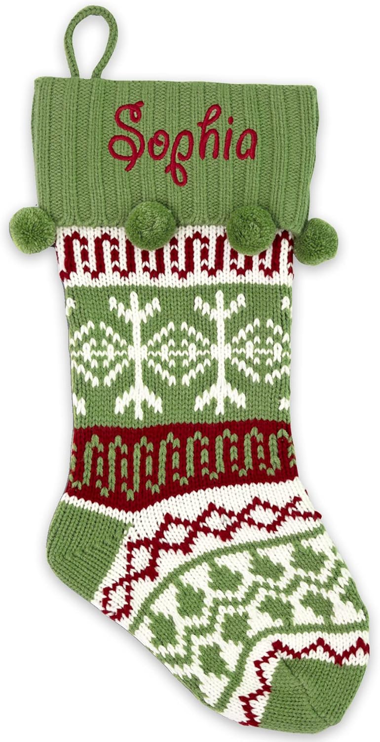 Stockings & Holders - Let's Make Memories Knit Family Christmas Stockings with Custom Embroidery - Green Snowflake
