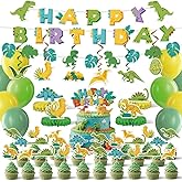 MTWENWENZY 49 PCS Dinosaur Birthday Decorations Set Boys Dino Themed Party Decoration Supplies Include Happy Birthday Banners Honeycomb Centerpieces Hanging Swirls Cupcake Toppers Balloons