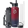 BUZIO 40 oz Water Bottle Insulated with Straw & 3 lid and Carrying Pouch, Leak Proof Anti-Slip Stainless Steel Water Flask Jug, Cold for 48 Hrs Double Vacuum Thermo Canteen, BPA-Free, Ruby Red Navy