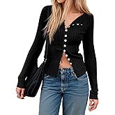 Womens Cardigans Button Down Long Sleeve Ribbed Shirts Cute Lighweight Fitted Y2K Fall Tops