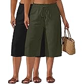Neer 2 Pack Women's Plus Size Linen Capris Wide Leg High Waisted Drawstring Cropped Pants Beach Pants with Pockets