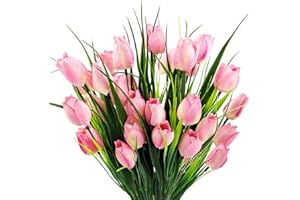 CORVYUC 6 Pcs Tulips Artificial Flowers for Outdoors, Fake Plants Faux Plastic Silk Floral Arrangement for Home Indoor Outside Table Vase Garden Spring Decor (Pink)