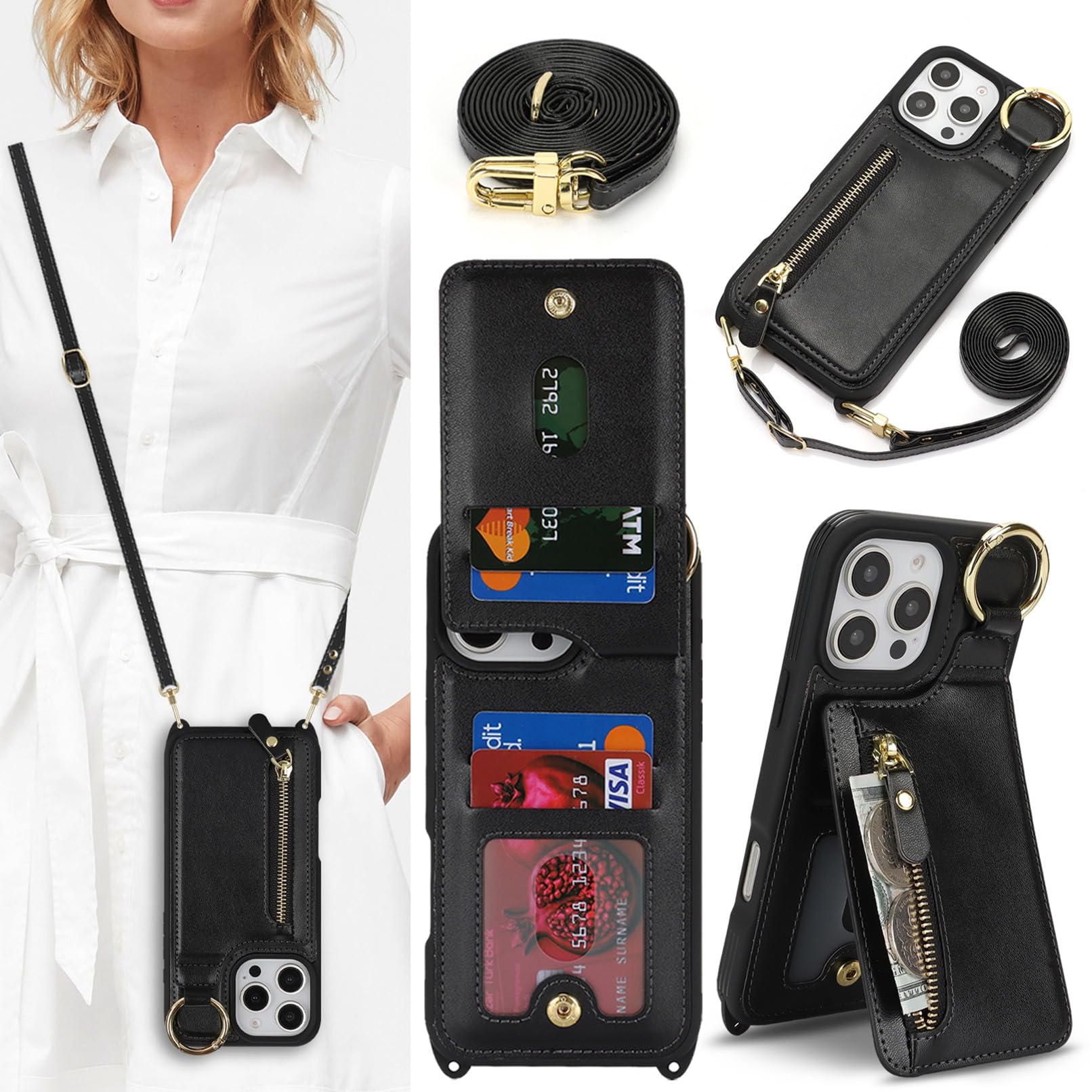 Jaorty Crossbody Wallet Case for iPhone 16 Pro Max with Strap for Women,Zipper Pocket and Credit Card Holder,Finger Grip Ring,Kickstand Hands-Free Leather Purse Case for iPhone 16 Pro Max,Black