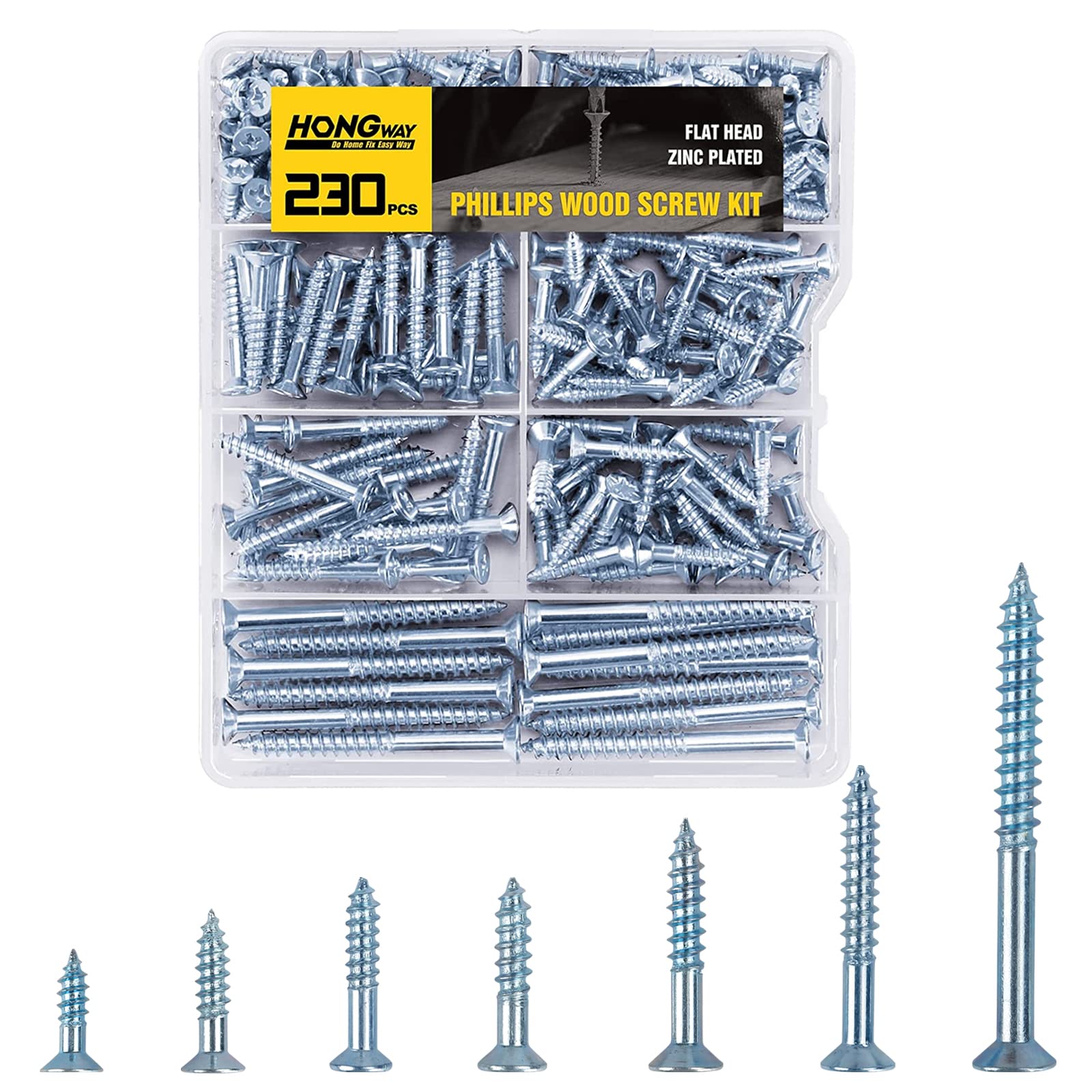230pcs Wood Screws Assortment Kit, Flat Head Wood Screws Set, Zinc Plated Steel, Self Tapping Screws, Drywall Screws Assortment, Assorted Wood Screws, Assorted Screws(7 Sizes)