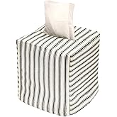 Fabric Tissue Box Cover, Tissue Holder Slipcover, Slips Over Square Cube Cardboard Facial Tissue Boxes -Decorative Black and White Bathroom Decor Ticking Stripe, Cotton, Lined