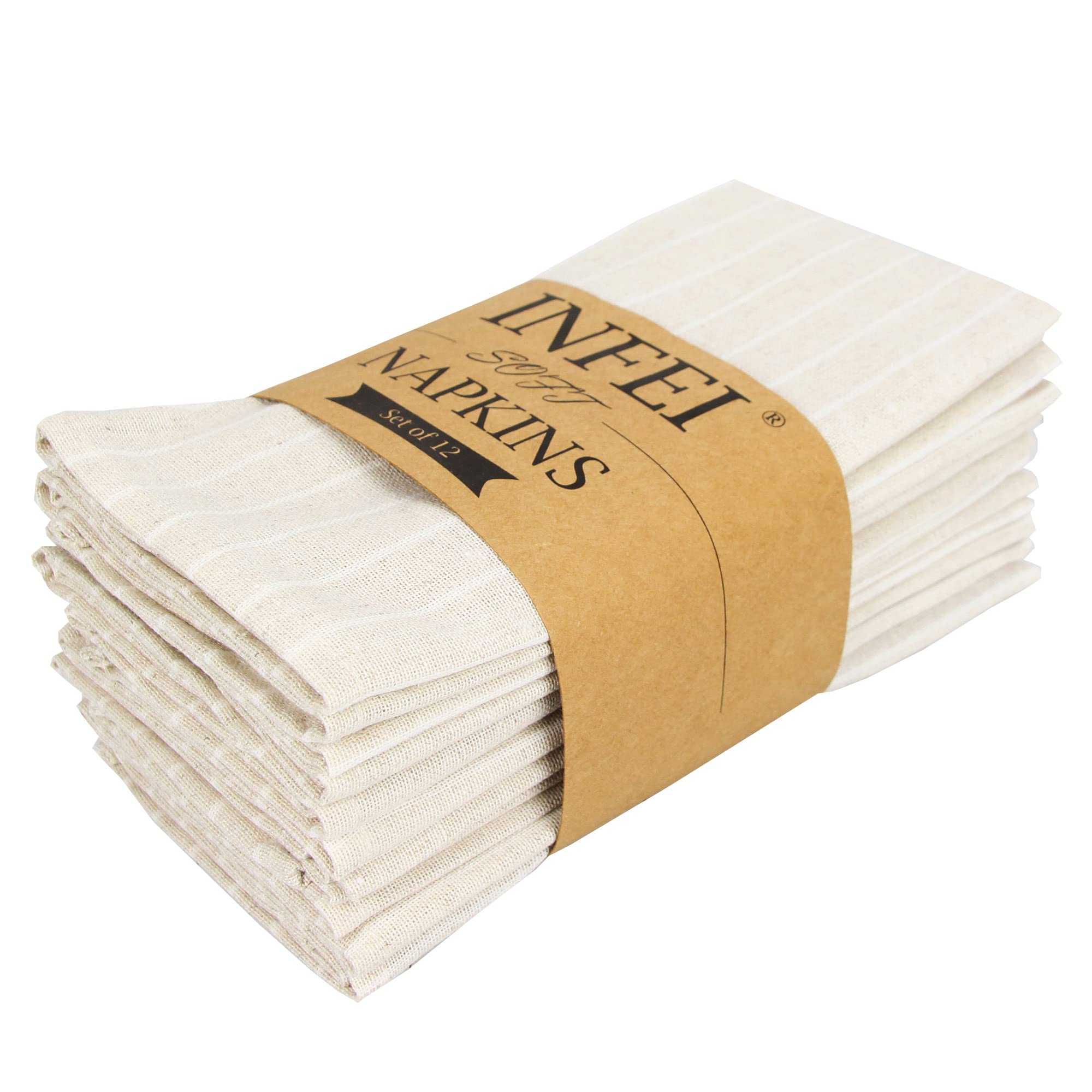 INFEI White Striped Linen Cotton Dinner Cloth Napkins - Set of 12 (40 x 30 cm) - for Events & Home Use (Beige)