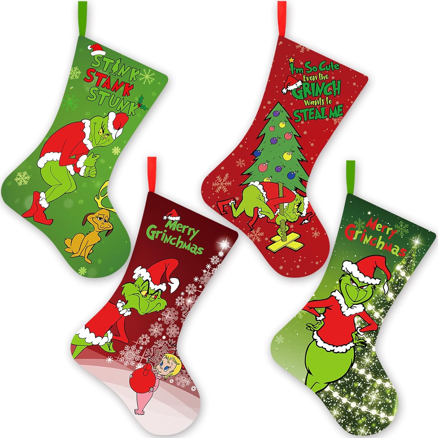 Stockings & Holders - Yanleen 4 Pack Grinchs Christmas Stockings, 20 Inch Large Christmas Grinchs Stocking Kit Christmas Decorations Holiday Ornaments Grinchs Decor Home Indoors