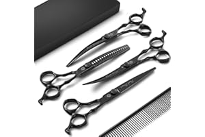 Purple Dragon Dog Grooming Scissors Set - Curved Chunkers, Straight, Up & Down Curved Scissors and Comb, 7 Inch Black Shears with Adjustable Screw for Dogs and Cats