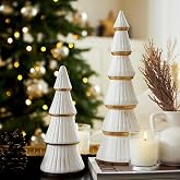 WONDROUS' DECO Christmas Tree Figurine Decor Tabletop White and Gold, 2pcs | Wooden Artificial Xmas Tree Decorations, Vintage Christmas Trees for Tables Centerpiece Home Farmhouse Office Mantel