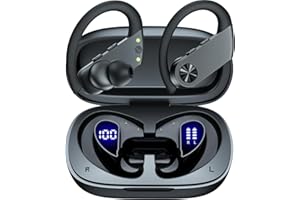 POCBUDS Earbuds 110H Playtime Bluetooth Headphones Wireless Earbuds with 2200mAh Charging Case Dual LED Display Ear Buds with Earhooks Over Ear Headphones Waterproof for Workout Sport Laptop TV Phone Black