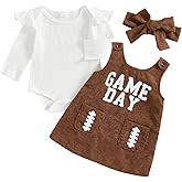 Baby Girl Football Outfit Game Day Long Sleeve Knit Romper Rugby Sleeveless Overall Dress 3Pcs Cute Fall Clothes (Khaki, 6-12 Months)