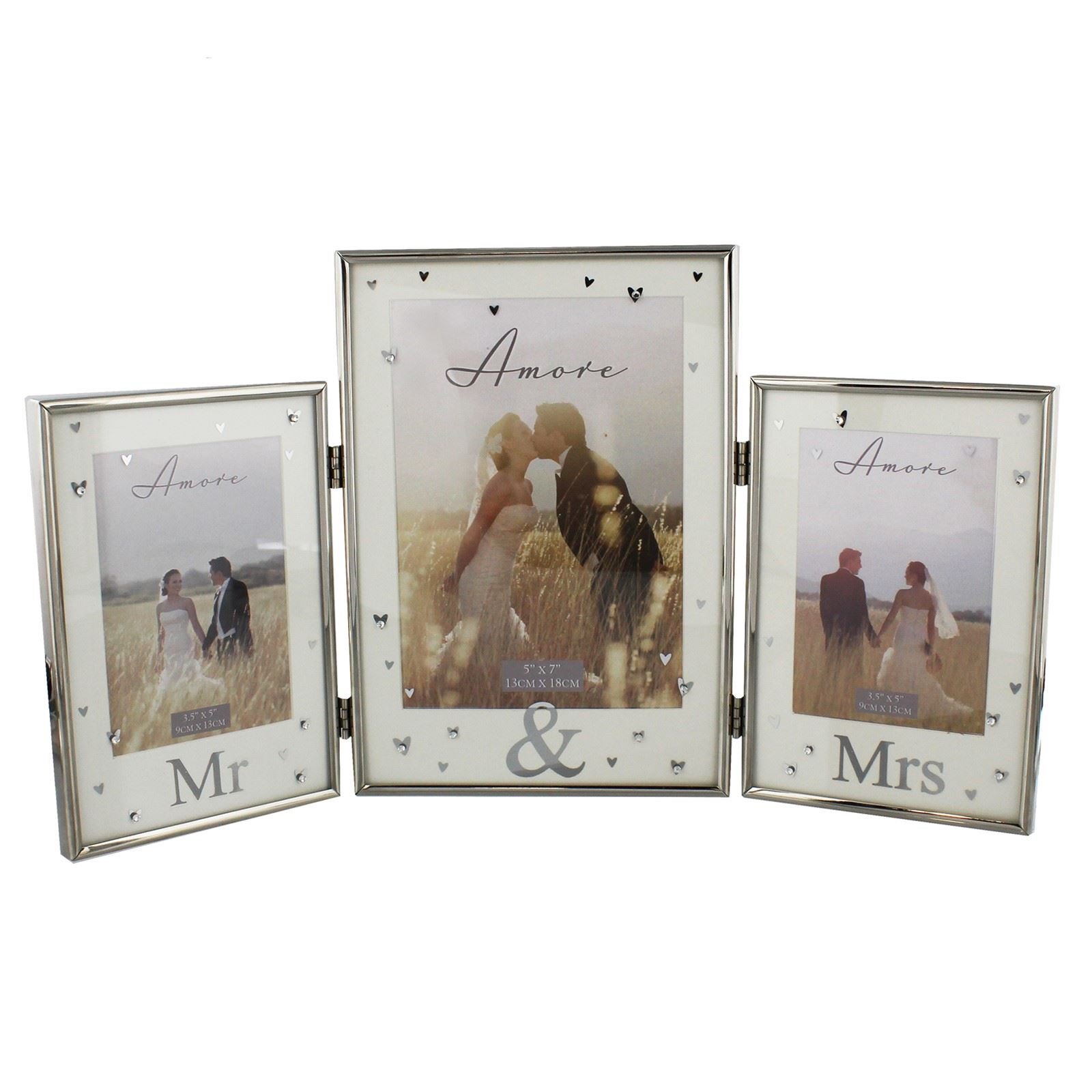 Amore Silver Plated Mr and Mrs Photo Frame Crystal Heart 3 Pictures Wedding Gift
