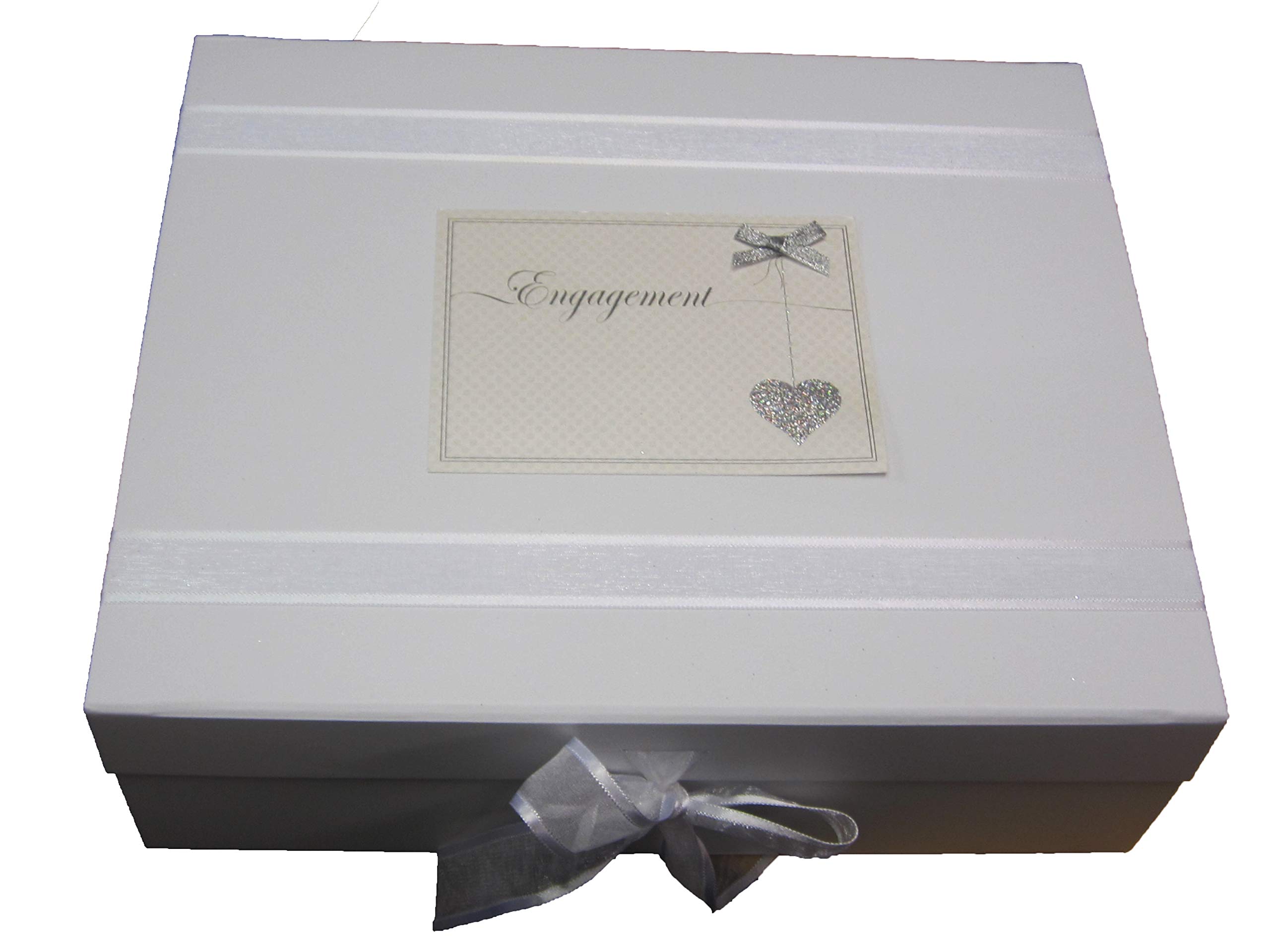 white cotton cards 'Engagement' Sparkling Silver Heart Design, Engaged Large Keepsake Box (LLE-X)