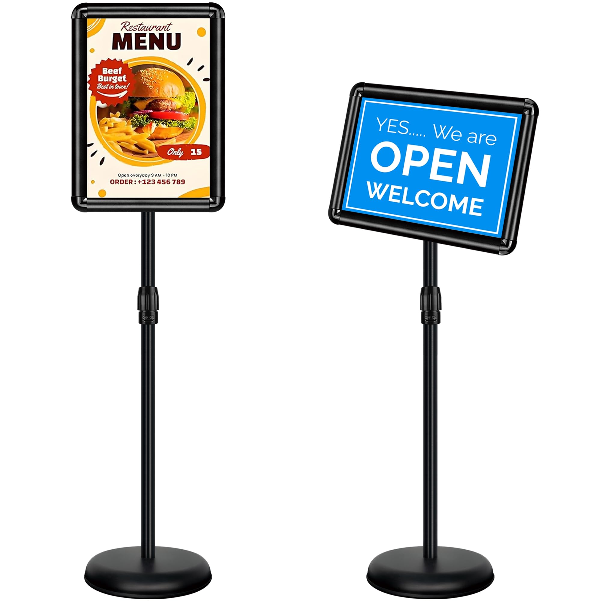VAIIGO A4 Poster Stand, Adjustable Sign Holder & Menu Stand for Floor Display | Aluminium Snap Frame with Safety Corners & Stable Base | Signage Floor Standing for Advertising, Notice, Welcome, Black