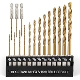 COMOWARE Titanium Twist Drill Bit Set 16 Pcs, 1/16"-1/4, Hex Shank HSS | Titanium Coating, 2 Flutes,for Wood Plastic Aluminum Alloy, for Home DIY, Engineering, with Index &amp; Storage Case