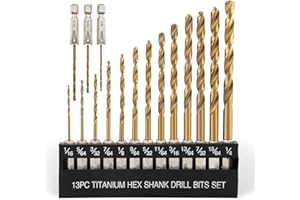 COMOWARE Titanium Twist Drill Bit Set - 16 Pcs Hex Shank High Speed Steel for Wood Plastic Aluminum Alloy, Quick Change, 1/16"-1/4"