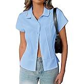 Cicy Bell Womens Short Sleeve Button Down Shirts Pleated Slim Fit Summer Dressy Casual Blouses