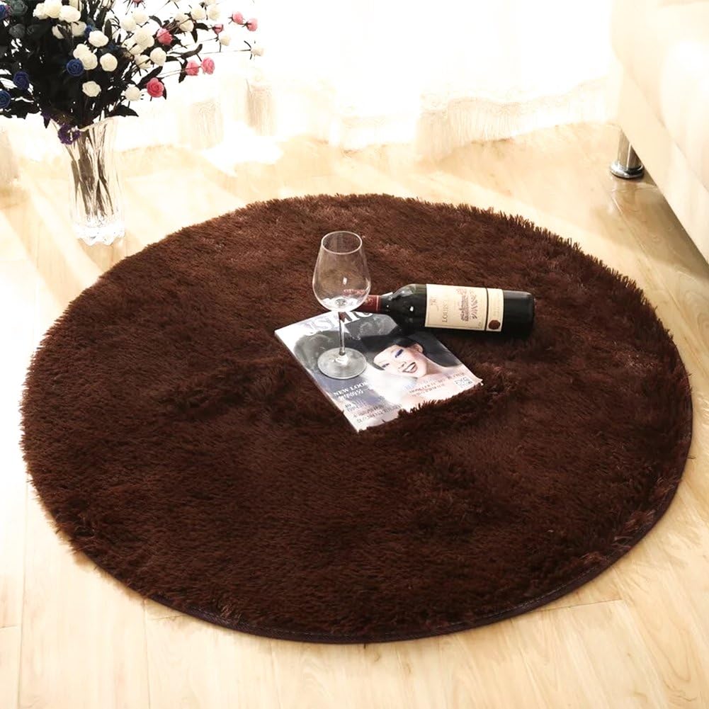 moonrug Super Soft Thick Nursery Rug Anti-Skid Fluffy Round Children Area Rug for Bedroom Kids Room Woman Yoga Mat, 4 Feet, Coffee