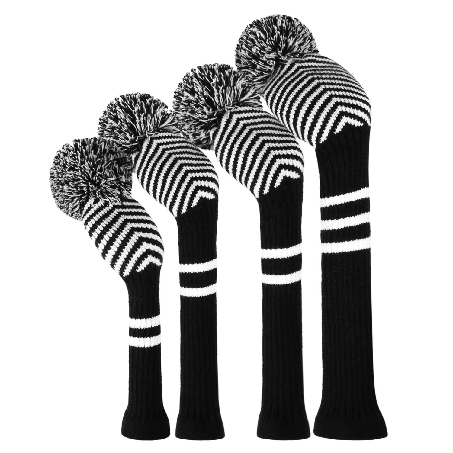 Black Diagonal Stripes Knit Woods Golf Head Covers, Set of 4, Fit for Driver Wood, Fairway Wood*2, Utilities, with Rotating Digital Labels