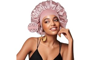 TFUSOM Silk Bonnet for Sleeping Women Double Layer Satin Lined Hair Bonnet for Sleeping Shower Cap for Women with Natural Curly Hair，Medium，Blush Pink-Blush Pink