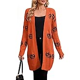 Women's Halloween Cardigan Sweaters Loose Ribbed Open Front Knit Coat Pumpkin Long Sleeve Cute Fall Winter Clothes