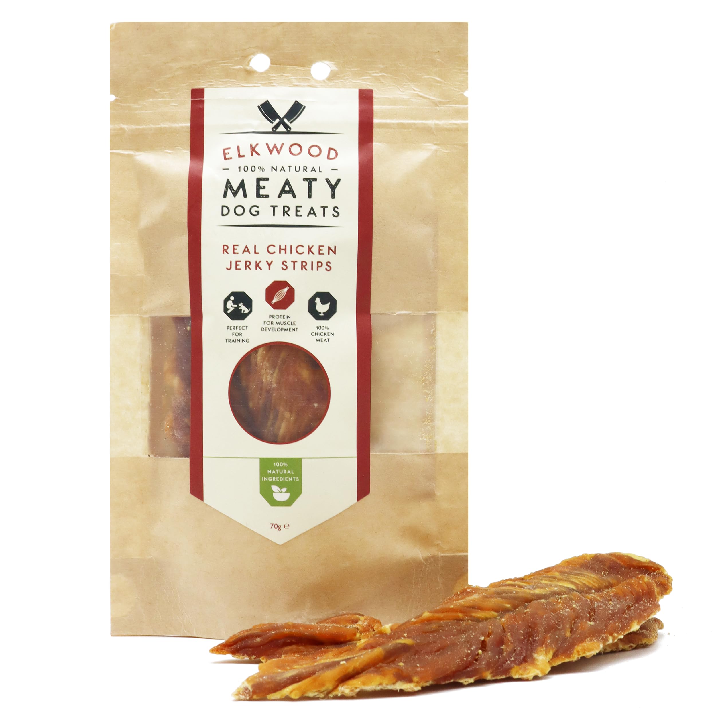 Elkwood Natural Dog Treats 70g - 100% Real Chicken Jerky Strips | High Protein, Air-Dried, Rawhide-Free Dog Treats for Training & Muscle Growth