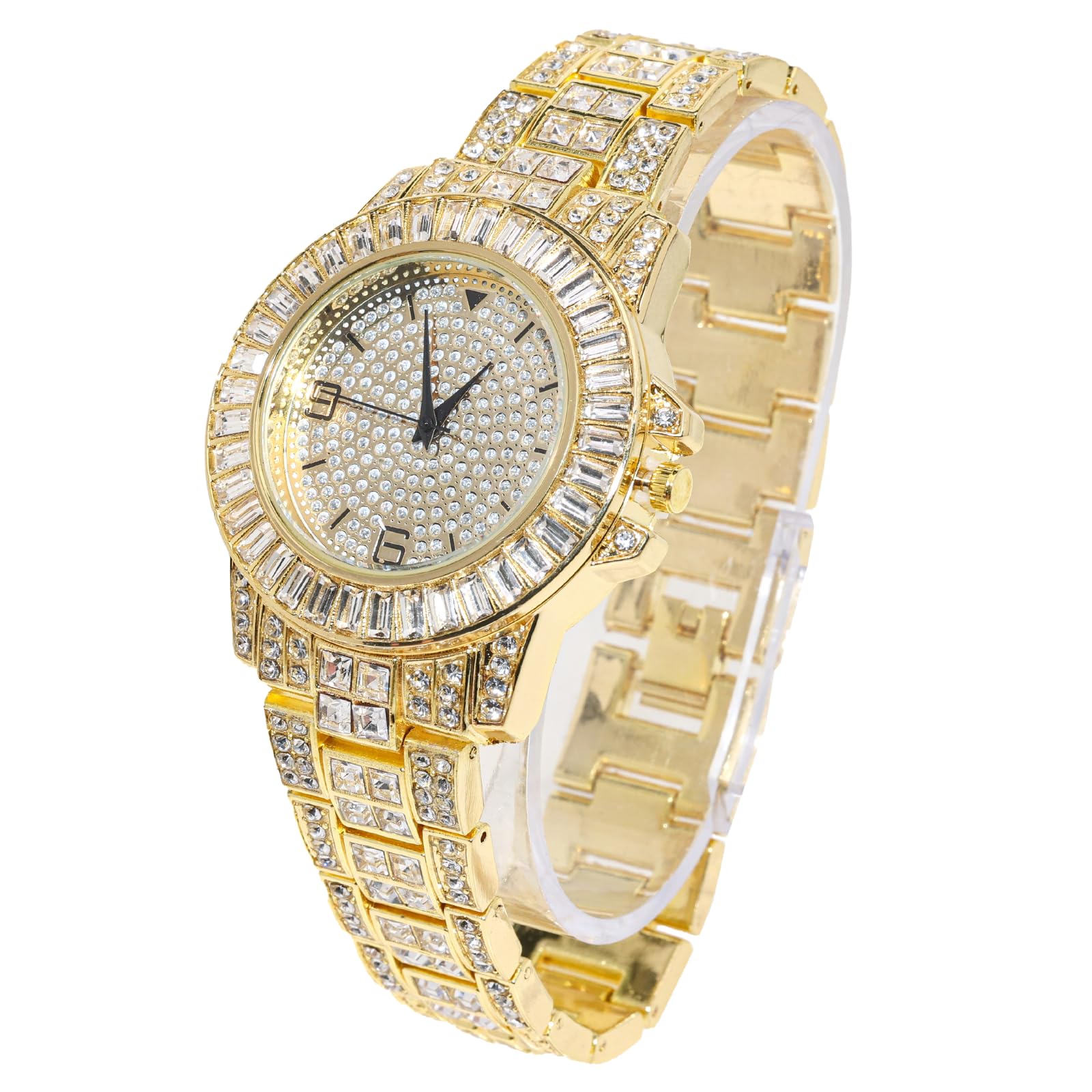 HALUKAKAH Diamonds Gold Watch Iced Out, Men's 18K Real Gold Plated 38MM Width Round Dial Quartz Wristband 22cm, Free Giftbox