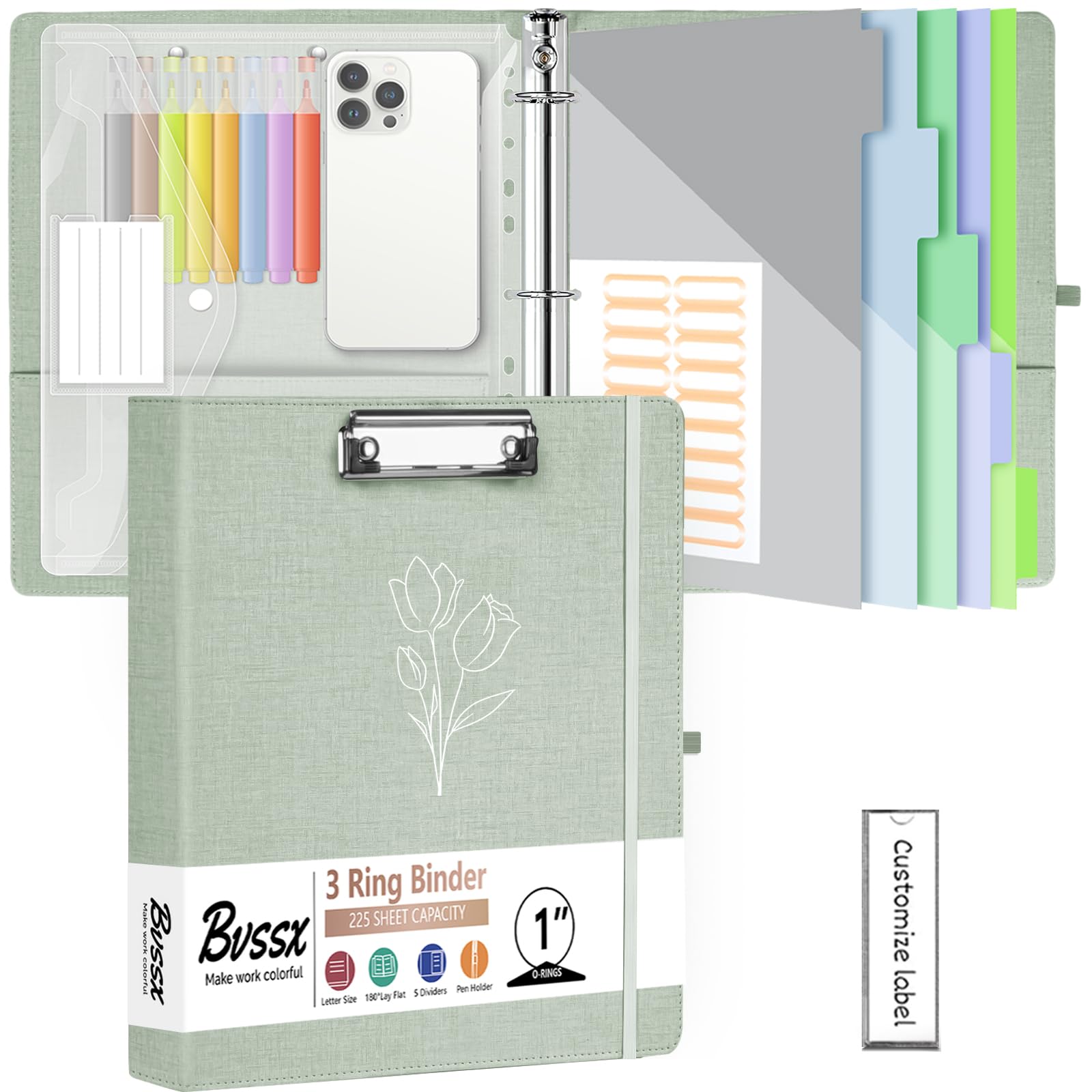 Photo 1 of 1 Inch 3 Ring Linen Binder Organizer, BVSSX Three Ring Binders with Clipboard, Plastic Folder, 5-Tabs Pocket Dividers with Sticker Labels, Pen Loop, Elastic Strap (Sauge, Letter Size)