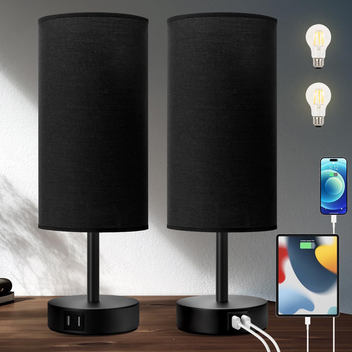 Photo 1 of Yarra-Decor Bedside Lamps with USB Port - Touch Control Table Lamp for Bedroom 3 Way Dimmable Nightstand Lamp Set of 2 with Round Black Fabric Shade for Living Room, Dorm, Home Office (Black, 2 Pack)